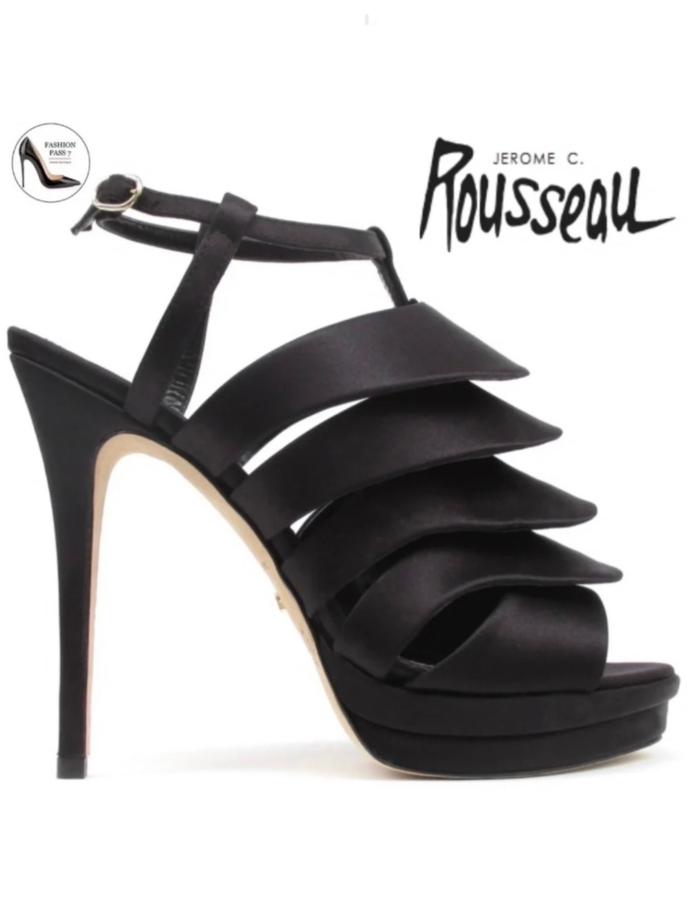 Jerome C. Rousseau Quorra Layered Black Satin Strap Platform Stiletto Sandals